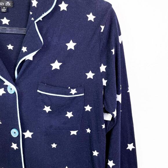 Cozy Zoe Star Print Button Front Long Sleeve Pajama PJ Top Navy Blue size S NWOT - Picture 4 of 11